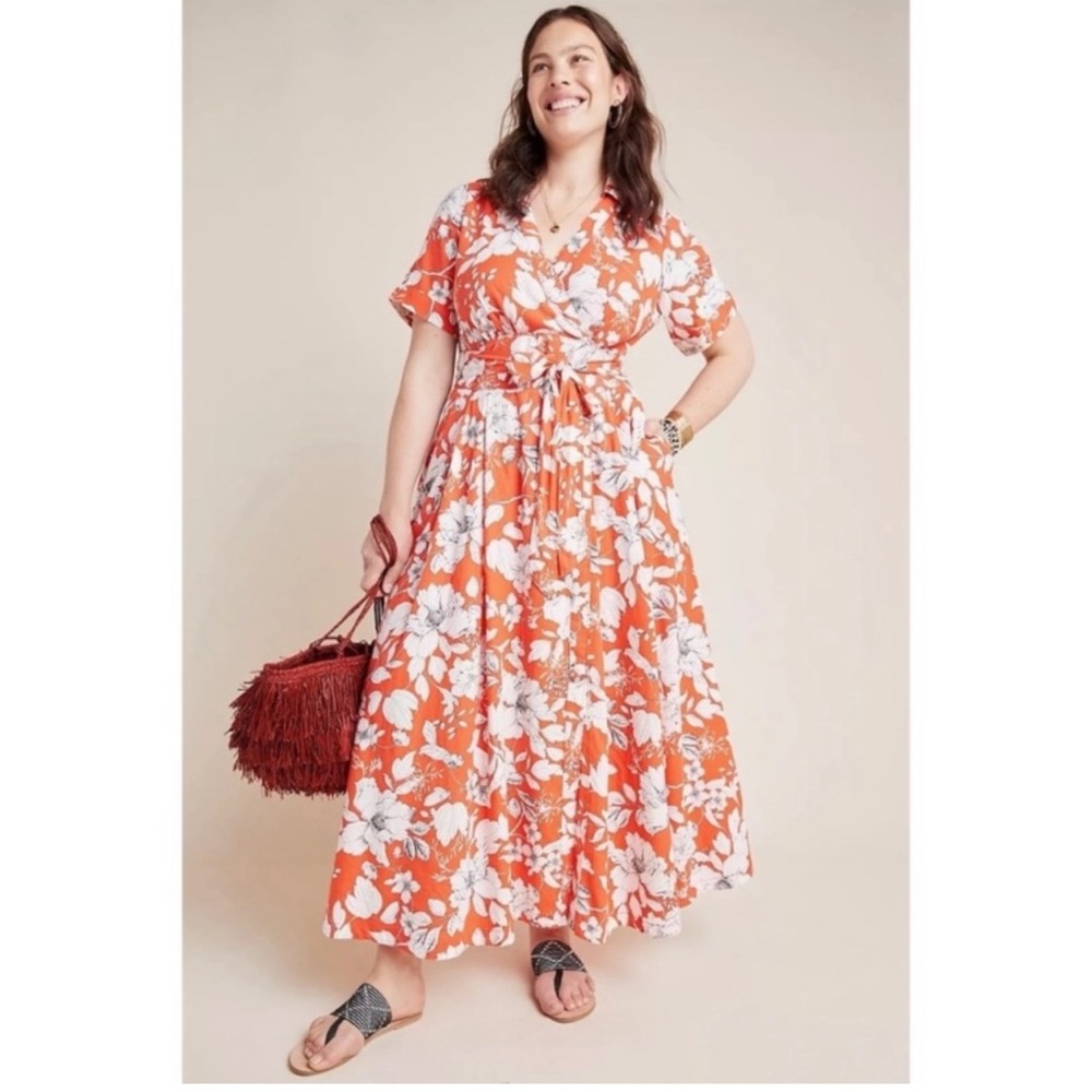 NWT Anthropologie Maeve Orange Janae Floral Shirtdress Maxi Dress Linen Size 0